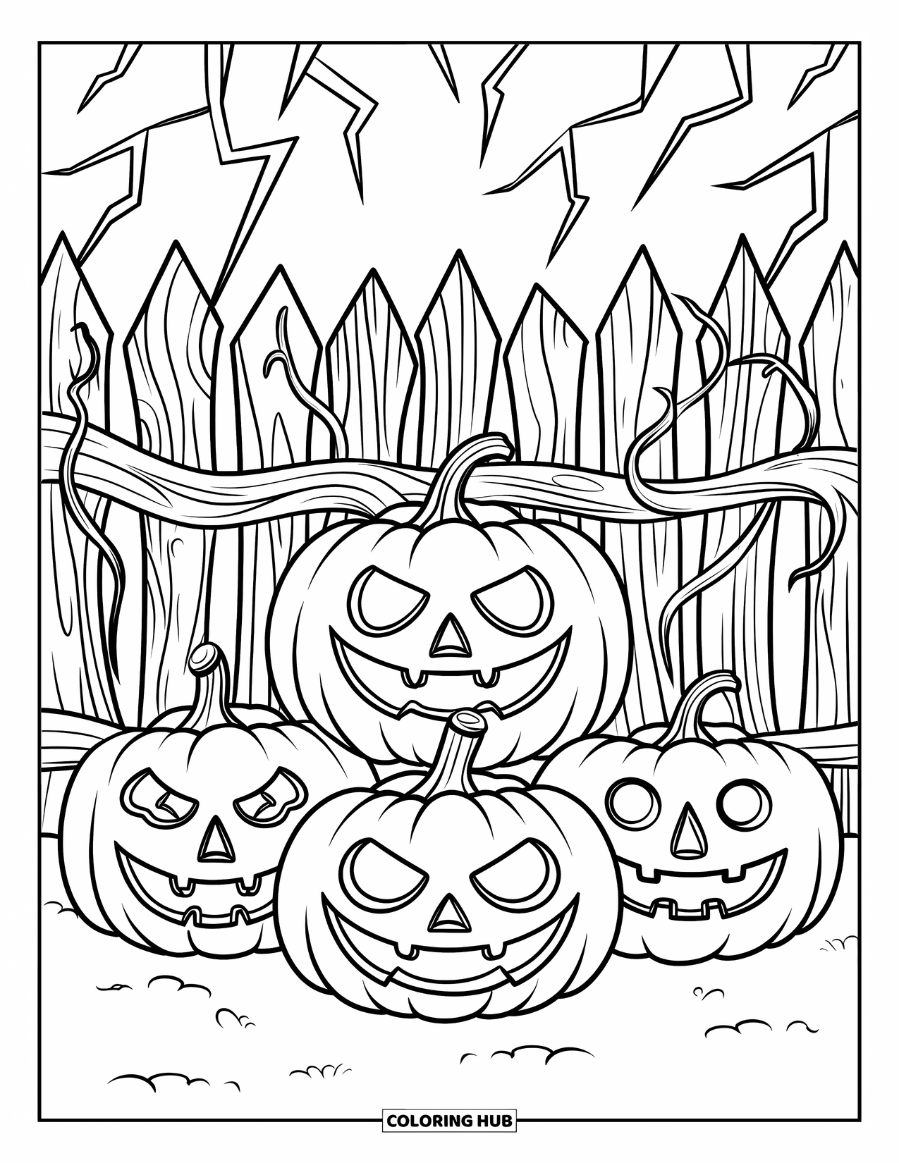 Scary Pumpkin Coloring Page for Kids: Three creepy pumpkins resting before a haunted fence on a stormy night