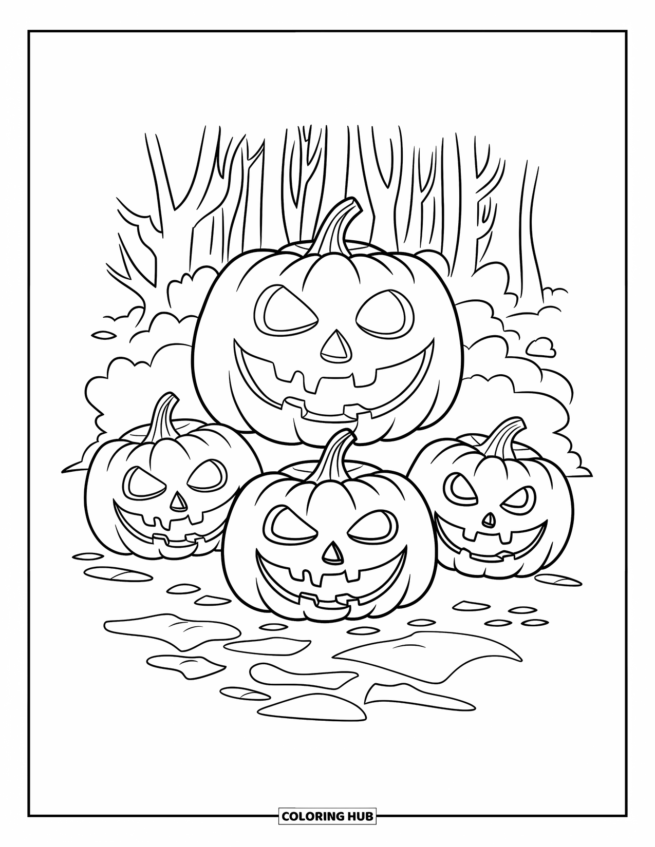 Scary Pumpkin Coloring Page for Kids: Three eerie pumpkins glowing on rocky ground surrounded by mist and forest