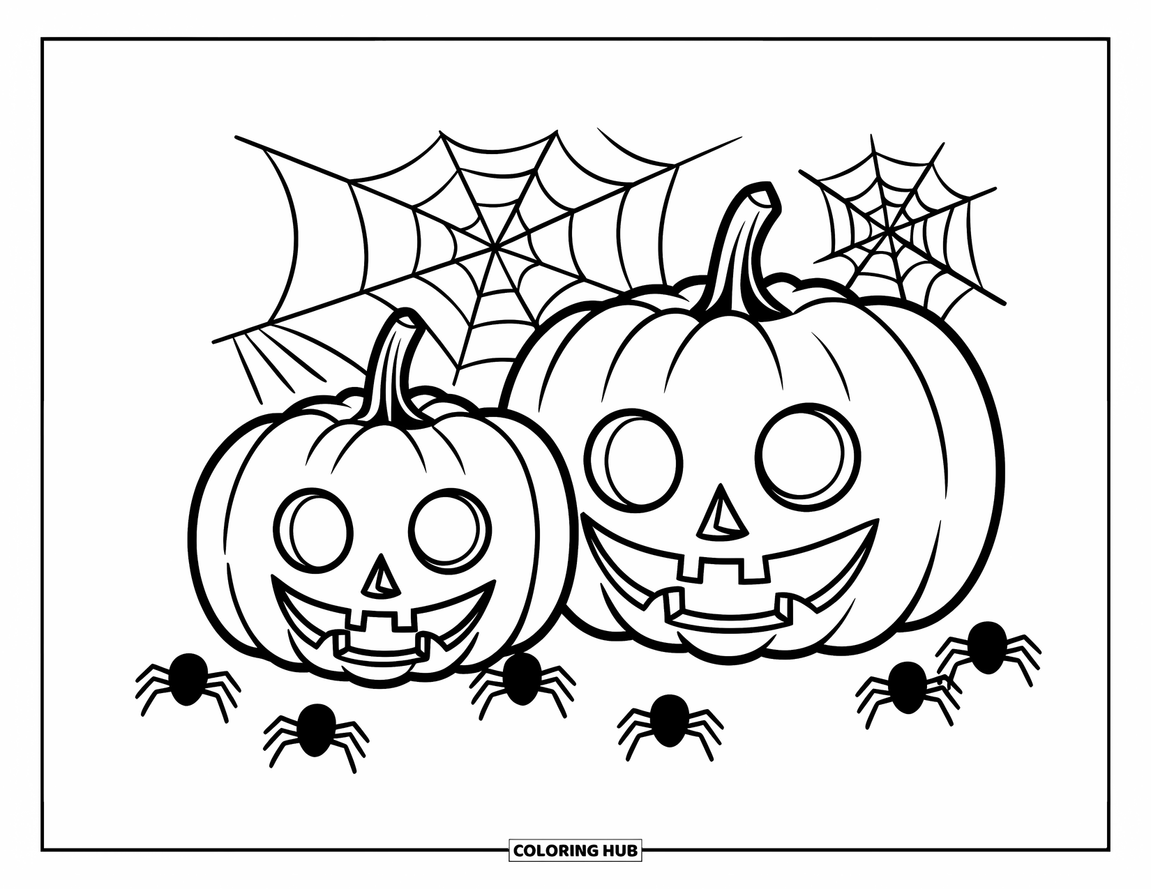 Scary Pumpkin Coloring Page for Kids: Two spooky pumpkins with spider webs and tiny spiders crawling nearby