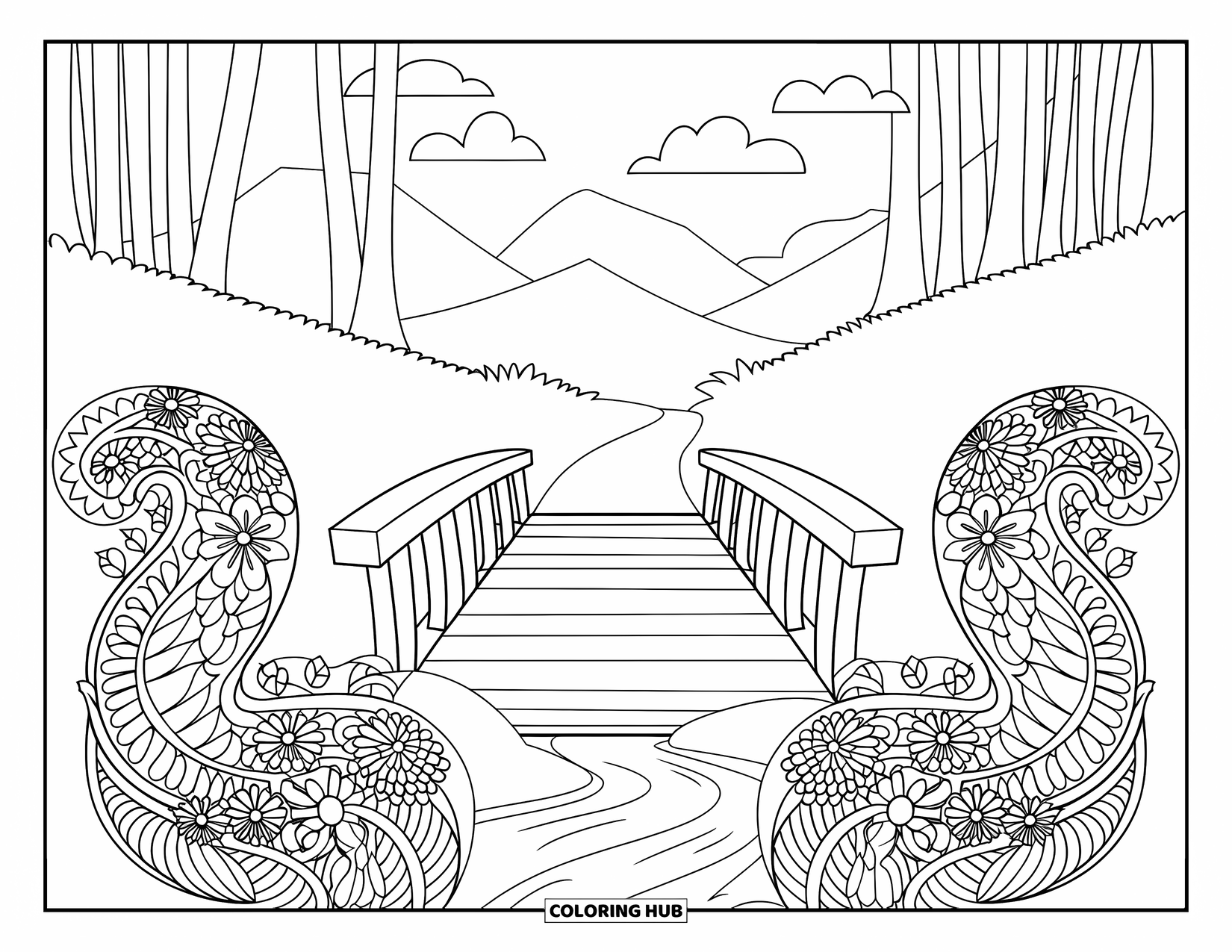 Scenery Coloring Page for Adults: A bridge over a stream connects tall trees and floral mandalas in a peaceful forest