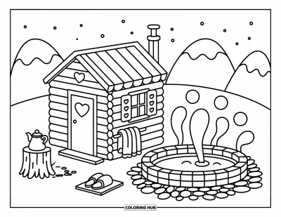 Desenho de paisagem para colorir para adultos: Uma cabana e uma fonte termal criam uma cena serena, com chinelos, vapor e estrelas ao longe