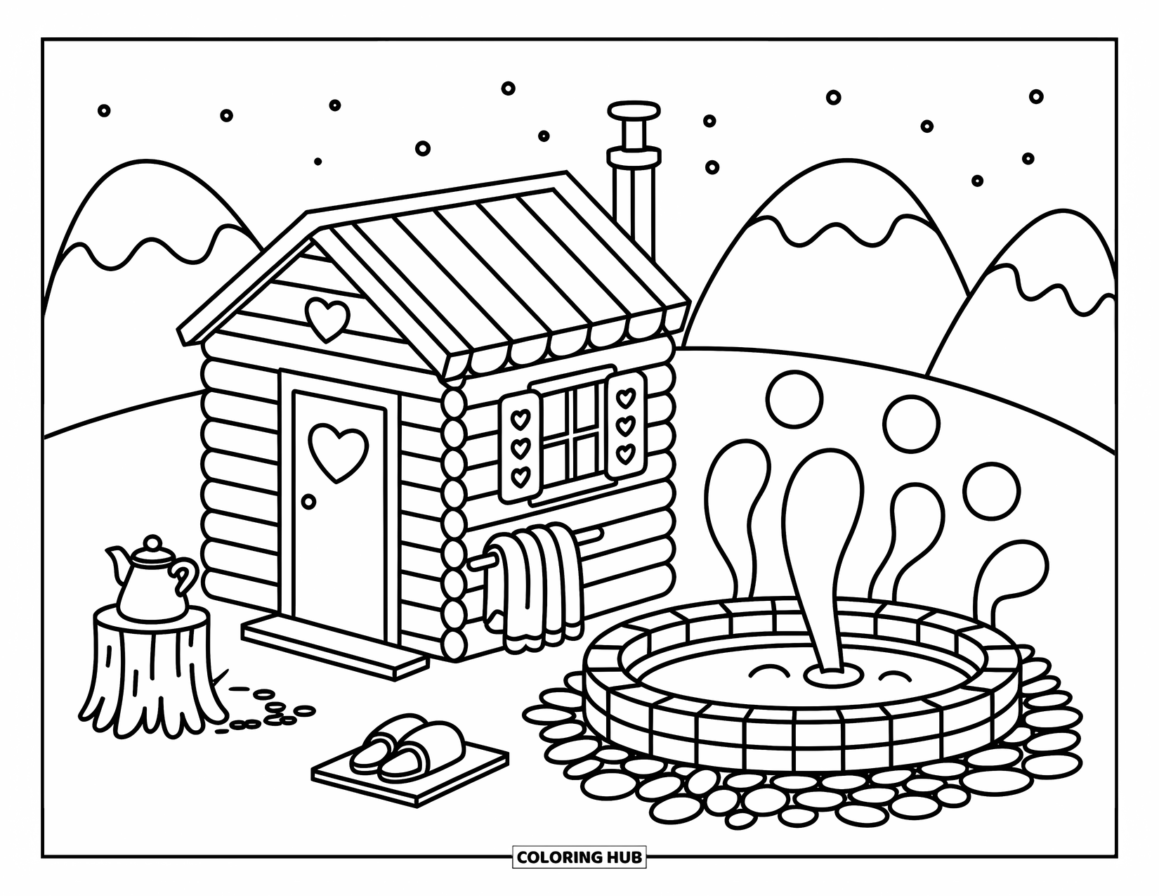 Scenery Coloring Page for Adults: A cabin and hot spring create a peaceful scene, with slippers, steam, and distant stars