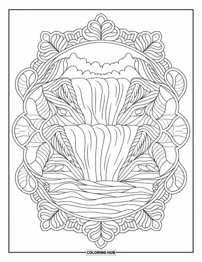Desenho de paisagem para colorir para adultos: Uma cachoeira em cascata é emoldurada por mandalas redemoinhantes de folhas e flores