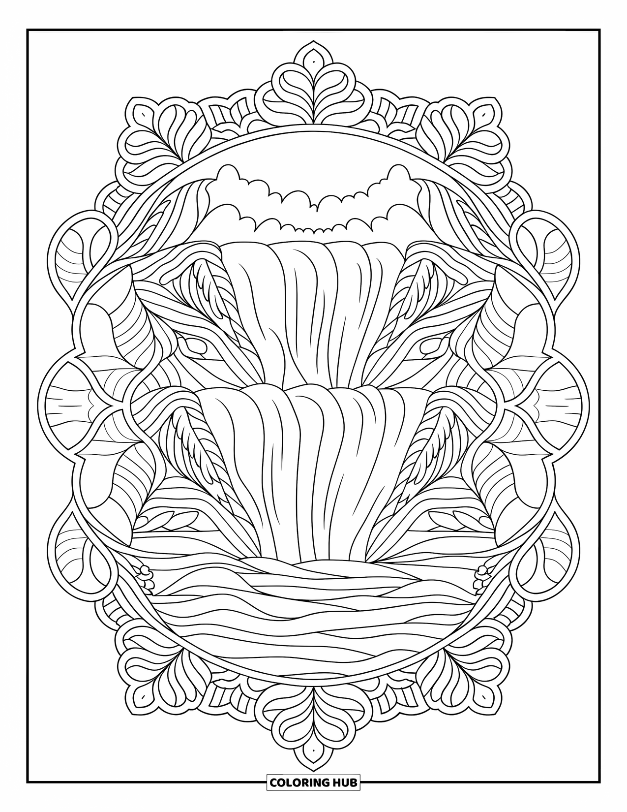 Scenery Coloring Page for Adults: A cascading waterfall is framed by swirling leaf and flower mandalas