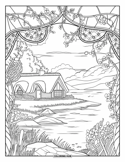 Desenho de paisagem para colorir para adultos: Uma cabana à beira do lago repousa sob vitrais floridos e céus montanhosos