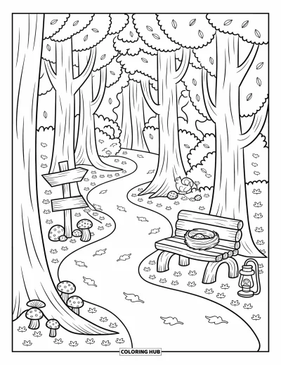 Desenho de paisagem para colorir para adultos: Uma trilha florestal tranquila tem árvores, cogumelos, um banco e o lar frondoso de um esquilo