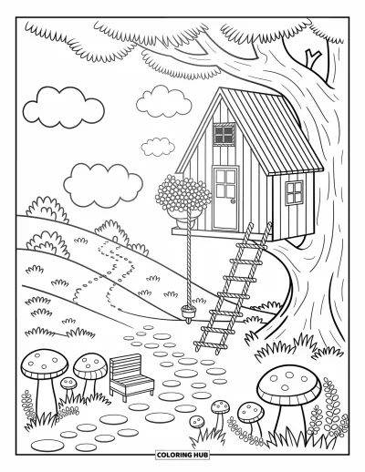 Desenho de paisagem para colorir para adultos: Uma casa na árvore aconchegante tem escada de corda, flores penduradas, cogumelos e uma trilha sinuosa abaixo