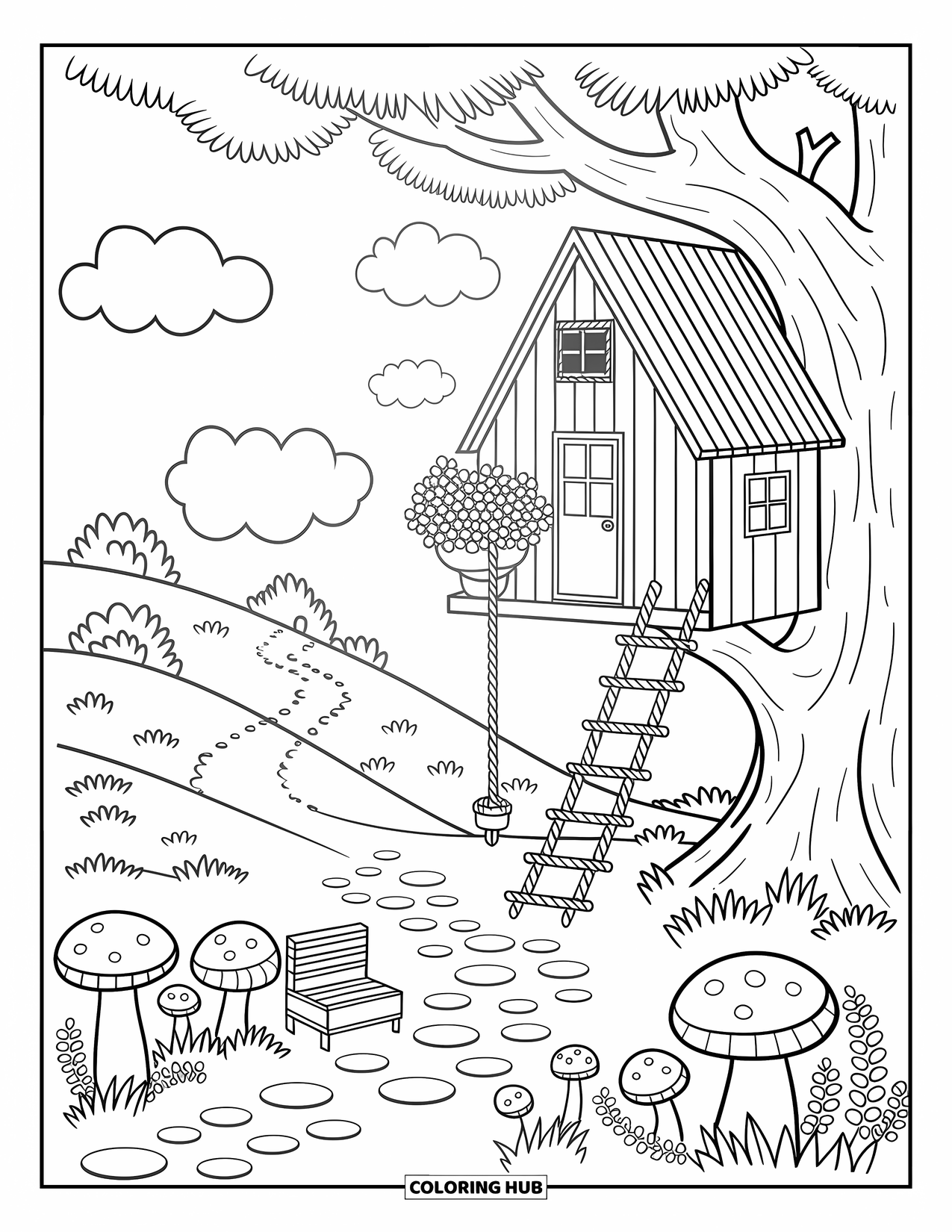 Scenery Coloring Page for Adults: A cozy treehouse has a rope ladder, hanging flowers, mushrooms, and a winding trail below