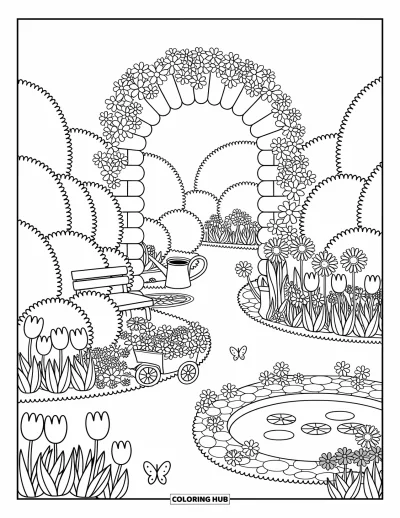 Desenho de paisagem para colorir para adultos: Um arco curvo leva a um jardim com flores, borboletas e um lago sereno de nenúfares