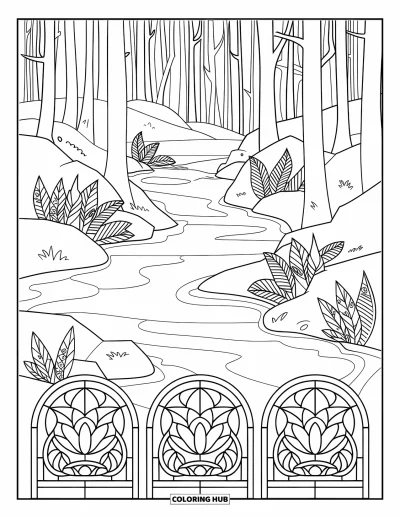 Desenho de paisagem para colorir para adultos: Um rio florestal serpenteia entre flores de vitral e árvores frondosas e altas
