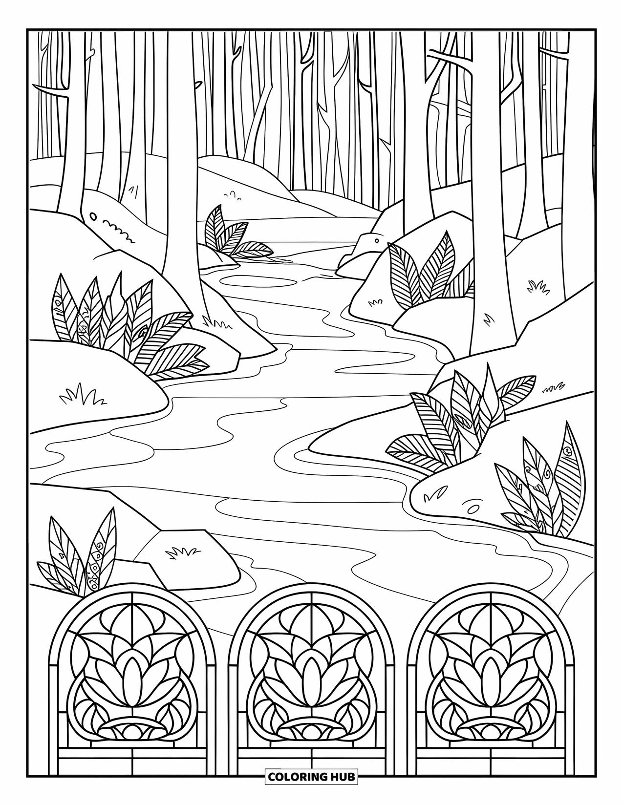 Scenery Coloring Page for Adults: A forest river winds between stained glass flowers and tall leafy trees