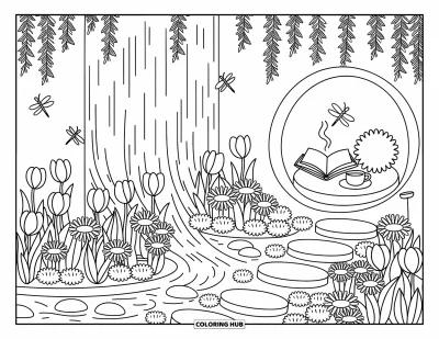 Desenho de paisagem para colorir para adultos: Um jardim secreto aguarda atrás de uma cachoeira, com flores, pedras de caminho e um cantinho para leitura