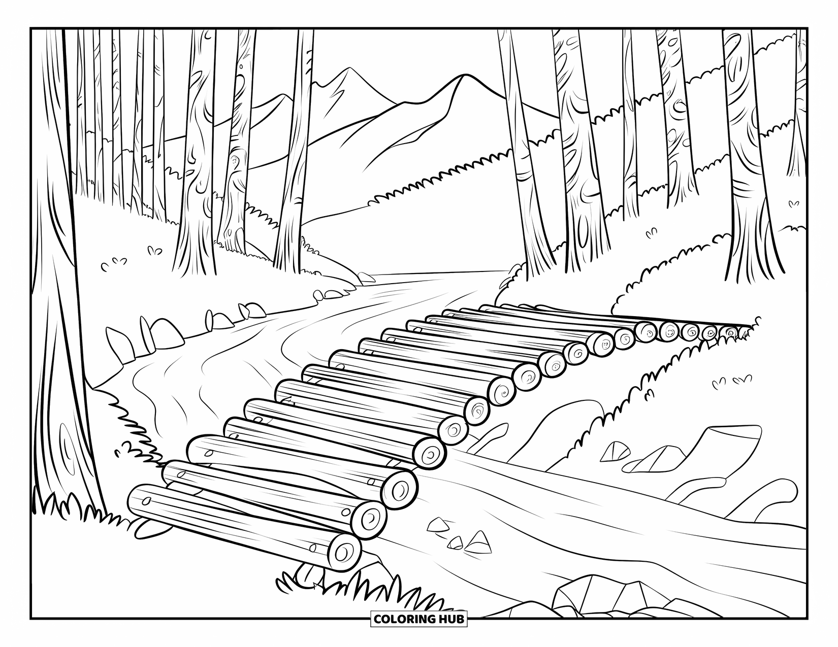 Scenery Coloring Page for Adults: A log bridge hangs above a river with trees, rocks, and quiet mountain views