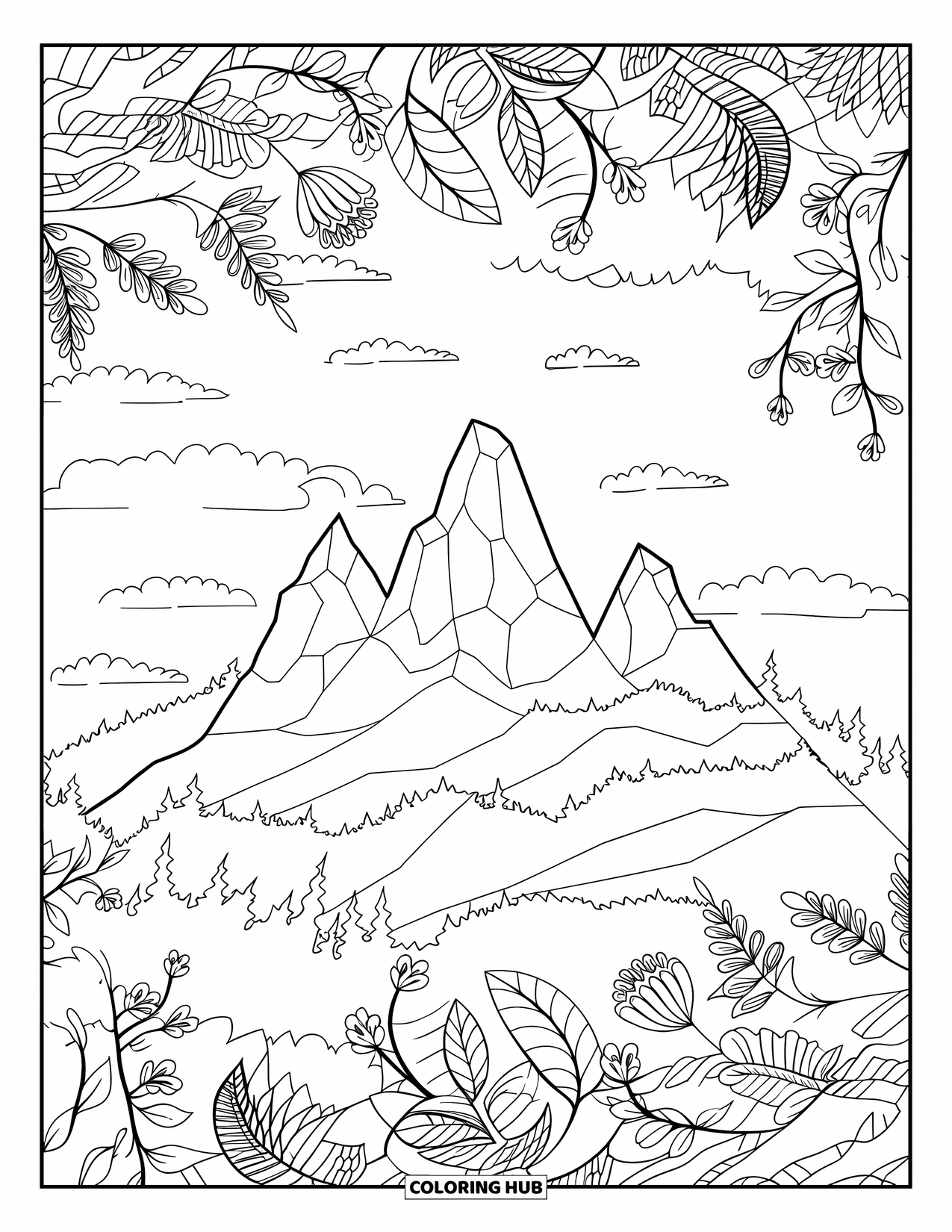 Scenery Coloring Page for Adults: A mountain range stands tall with leafy mandalas and fluffy clouds above