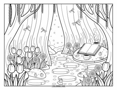 Desenho de paisagem para colorir para adultos: Um cantinho tranquilo fica atrás de uma cachoeira, repleto de flores, libélulas e um lugar aconchegante para ler