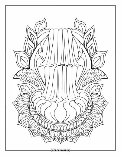 Desenho de paisagem para colorir para adultos: Uma cachoeira tranquila fica entre mandalas de pétalas, perfeita para um momento relaxante de colorir