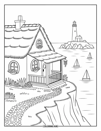Desenho de paisagem para colorir para adultos: Uma cabana serena à beira-mar tem um móbile de conchas, suculentas e vista para o oceano