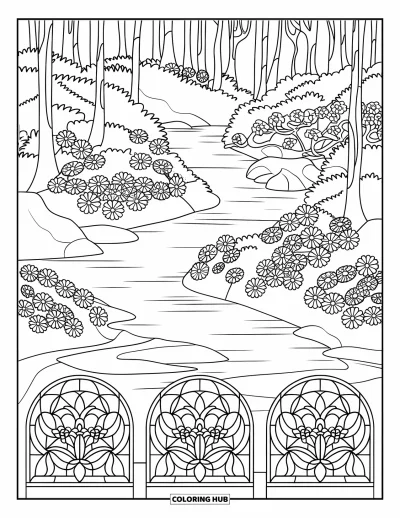 Desenho de paisagem para colorir para adultos: Um rio florestal tranquilo é emoldurado por flores de vitral e suaves fileiras de árvores