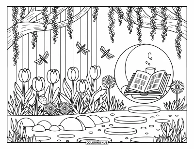 Desenho de paisagem para colorir para adultos: Um prado secreto se esconde atrás de uma cachoeira com livros, flores e detalhes encantadores