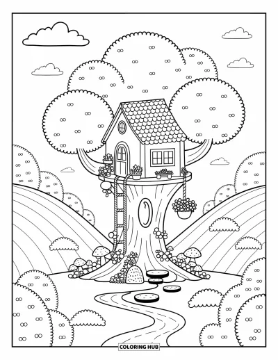 Desenho de paisagem para colorir para adultos: Uma charmosa casa na árvore com escada de corda e flores desabrocham sobre uma trilha tranquila
