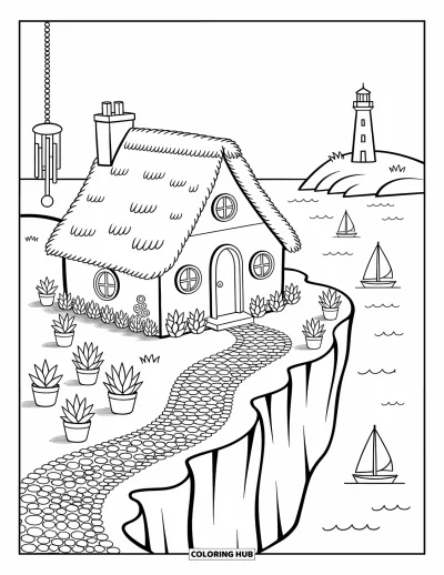 Desenho de paisagem para colorir para adultos: Uma pequena cabana fica em um penhasco com conchas, móbiles de conchas e barcos no mar