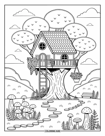 Desenho de paisagem para colorir para adultos: Uma casa na árvore fica bem alto numa árvore frondosa com varanda, flores e um caminho sinuoso