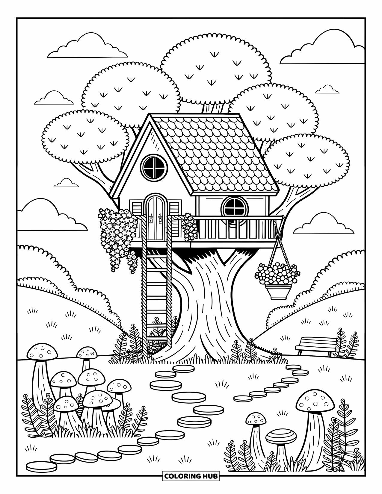 Scenery Coloring Page for Adults: A treehouse sits high in a leafy tree with a balcony, flowers, and a winding path