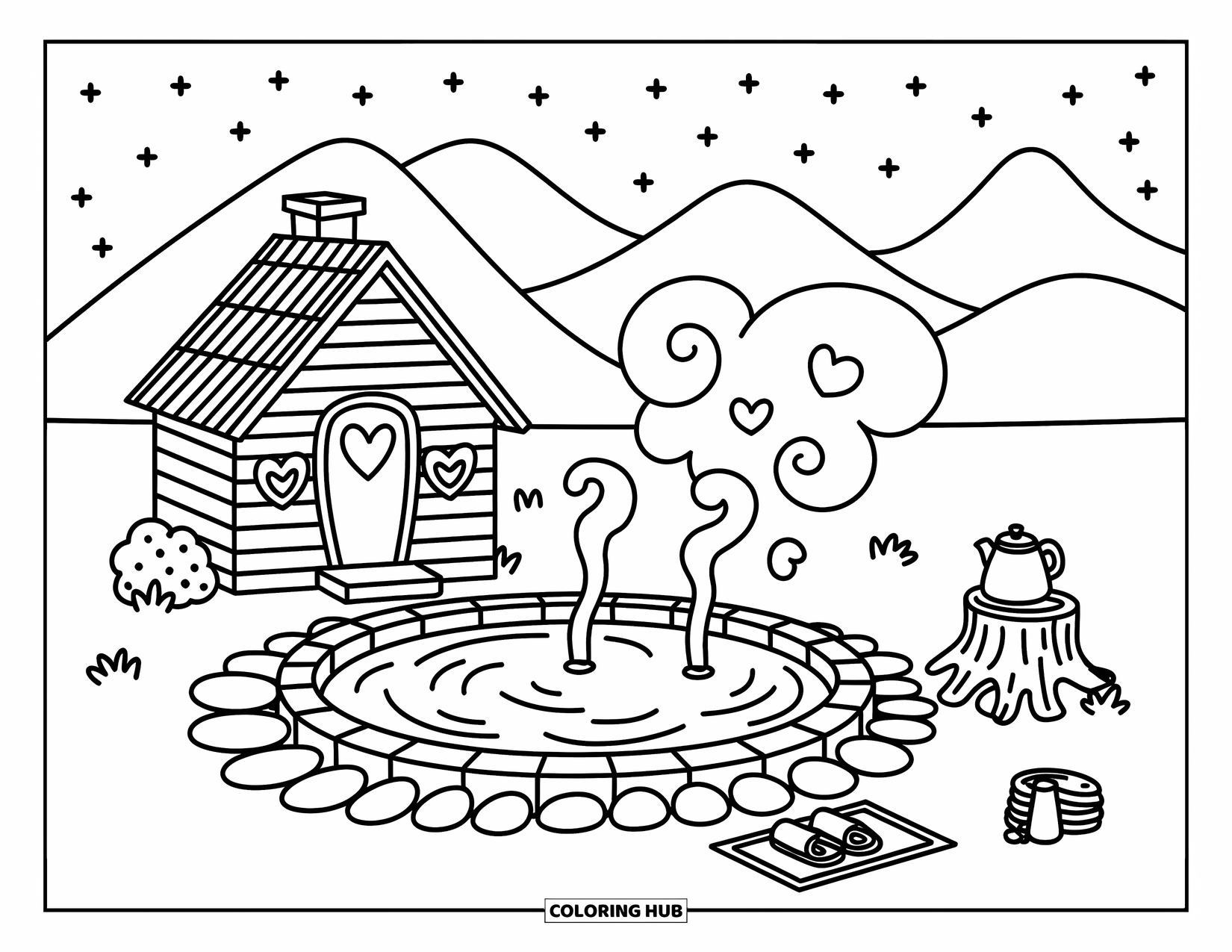 Scenery Coloring Page for Adults: A warm hot spring steams beside a tiny cabin, with slippers, towels, and mountain views