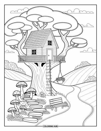 Desenho de paisagem para colorir para adultos: Uma casa na árvore calorosa se aninha entre copas frondosas com pedras de caminho, samambaias e colinas ao fundo