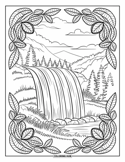 Desenho de paisagem para colorir para adultos: Uma cachoeira flui entre bordas de mandala frondosas com montanhas e árvores ao fundo