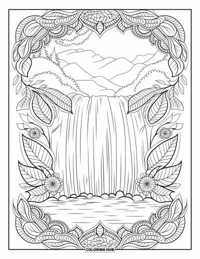Desenho de paisagem para colorir para adultos: Uma cachoeira desce por árvores exuberantes, emoldurada por mandalas florais e traços marcantes