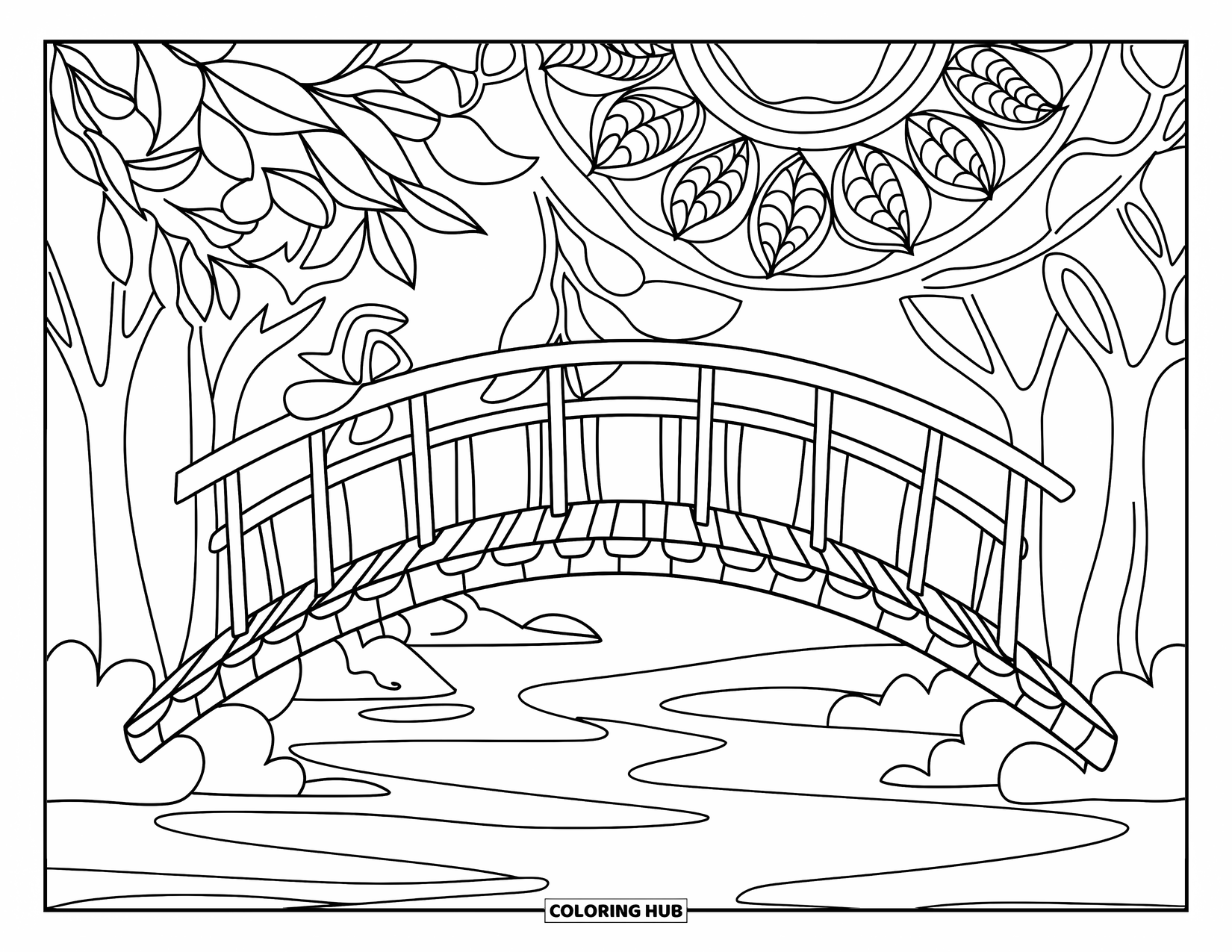 Scenery Coloring Page for Adults: A wooden bridge arches over a calm river surrounded by trees and leafy mandalas