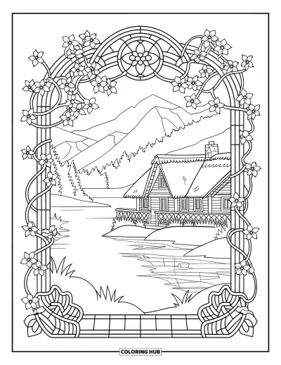 Desenho de paisagem para colorir para adultos: Uma cabana de madeira à beira do lago é emoldurada por vitrais com trepadeiras floridas