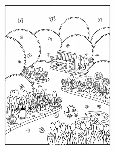 Desenho de paisagem para colorir para adultos: Um jardim fechado tem sebes curvas, um lago, flores e ferramentas perto de um banco de madeira