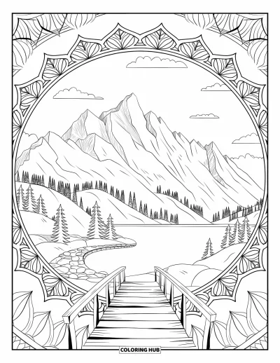 Desenho de paisagem para colorir para adultos: Montanhas e um lago ficam sob mandalas frondosas e uma trilha florestal curvilínea
