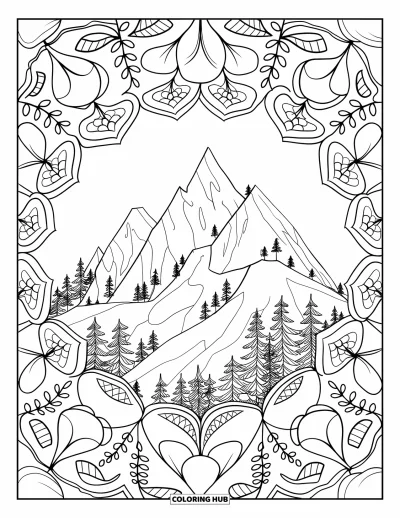 Desenho de paisagem para colorir para adultos: Montanhas e árvores se encontram com mandalas elaboradas repletas de formas, folhas e trepadeiras