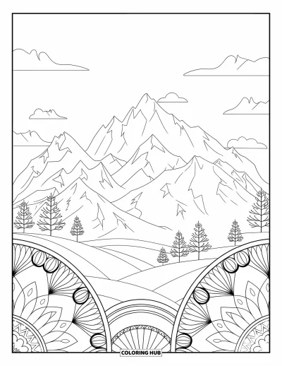 Desenho de paisagem para colorir para adultos: Picos afiados de montanha se erguem ao lado de mandalas repletas de flores e céus calmos