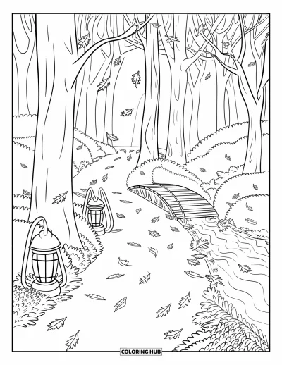 Desenho de paisagem para colorir para crianças: Uma ponte cruza um riacho perto de folhas caindo e lanternas numa floresta serena