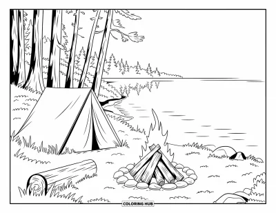Desenho de paisagem para colorir para crianças: Um lago calmo reflete árvores e uma barraca ao lado de uma fogueira acesa