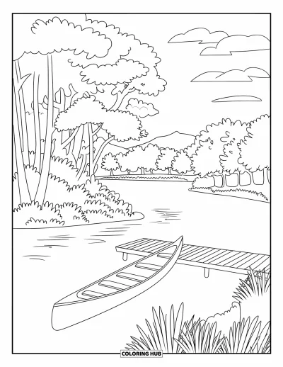 Desenho de paisagem para colorir para crianças: Um rio calmo reflete árvores, um pier e uma canoa amarrada ao lado