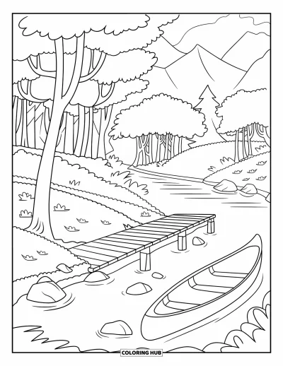 Desenho de paisagem para colorir para crianças: Uma canoa repousa junto a um pier de madeira numa floresta ribeirinha tranquila com vista para as montanhas