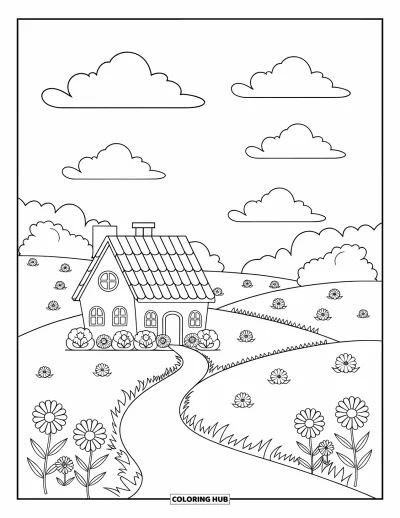 Desenho de paisagem para colorir para crianças: Uma casa com chaminé repousa entre flores e nuvens numa trilha tranquila
