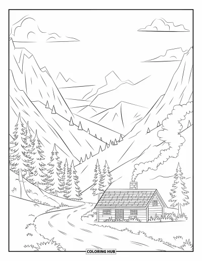 Desenho de paisagem para colorir para crianças: Uma cabana quentinha com fumaça na chaminé repousa entre árvores e uma passagem montanhosa