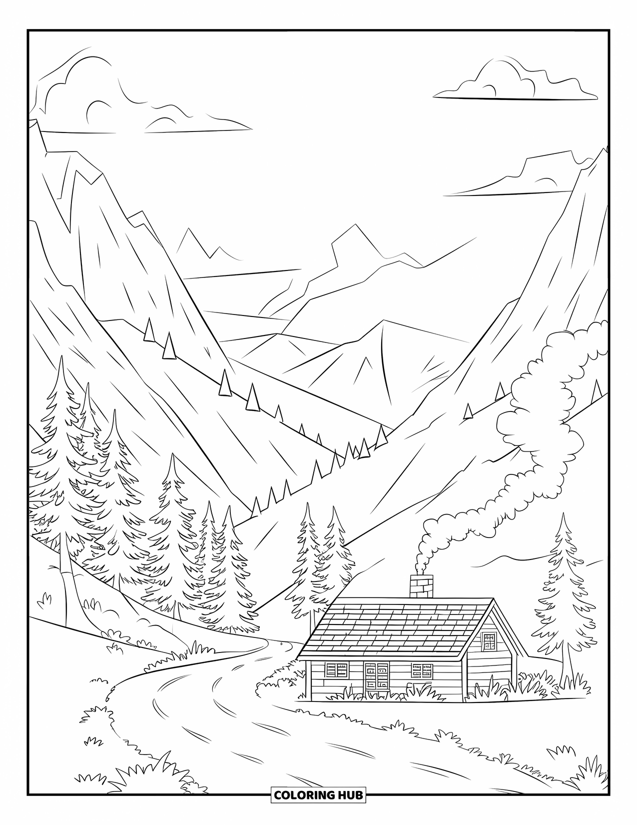 Scenery Coloring Page for Kids: A cozy cabin with chimney smoke rests between trees and a mountain pass