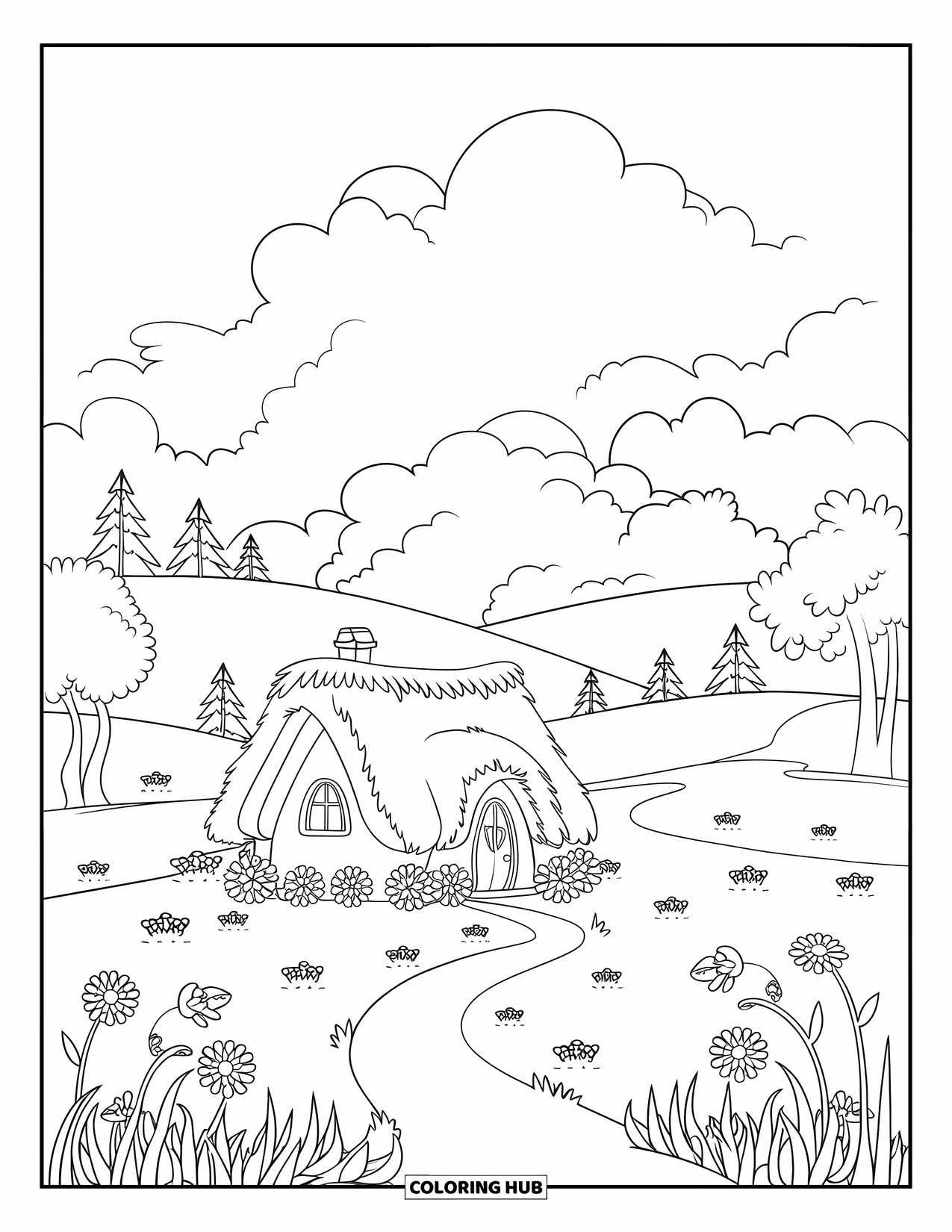 Scenery Coloring Page for Kids: A cozy house stands in a meadow of flowers under fluffy clouds and gentle hills