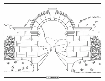 Desenho de paisagem para colorir para crianças: Um arco decorativo revela uma trilha ladeada por sebes aparadas e vegetação de jardim