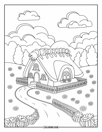 Desenho de paisagem para colorir para crianças: Uma casa cercada fica num prado florido sob nuvens suaves e uma trilha sinuosa