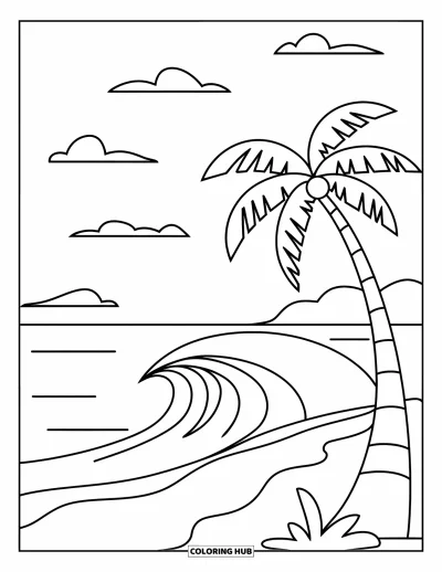 Desenho de paisagem para colorir para crianças: Uma onda suave chega perto de um coqueiro solitário sob um céu limpo