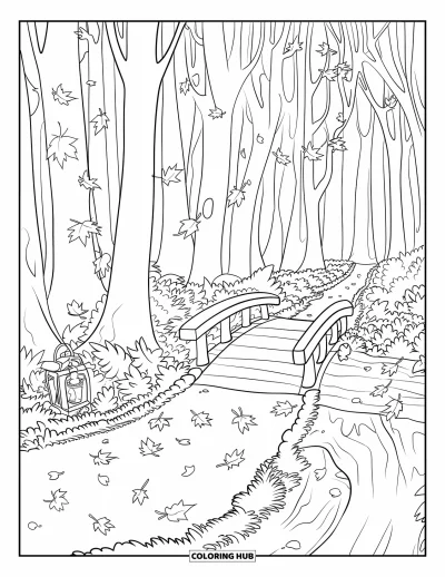Desenho de paisagem para colorir para crianças: Uma trilha florestal iluminada por lanternas serpenteia por um riacho e uma ponte sob folhas caindo