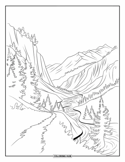 Desenho de paisagem para colorir para crianças: Uma trilha de montanha serpenteia por árvores e margens de rio num vale marcante